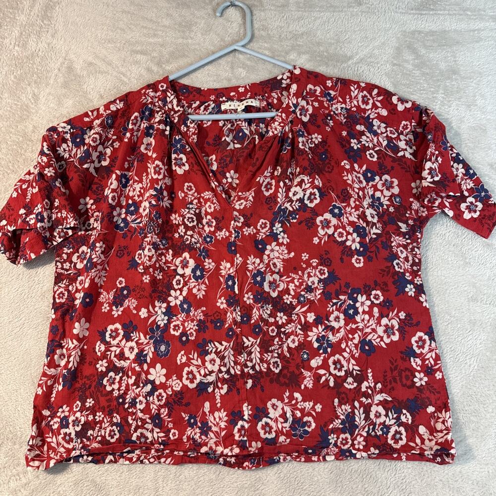 Xirena Floral Cotton Gauze s/s Blouse V-Neck Boxy Breezy Women’s M Top Popover